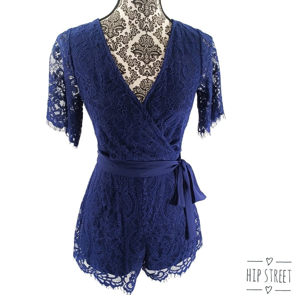 BLUE RAIN Short Sleeve Cross Front Blue Stretch Lace Romper XS NWT